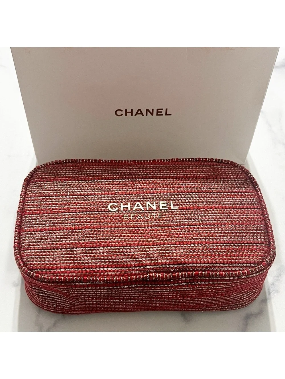 Chanel Limited Edition 2022 Cosmetic Bag in Red & Gold Tweed, NEW in Box